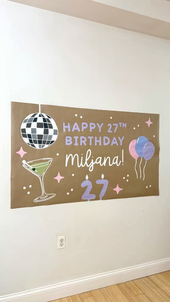 Hand-painted birthday banner with disco ball and balloons
